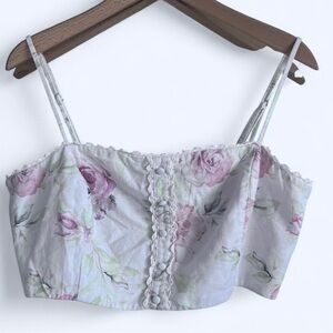 Caroline Constas Linen Coquette Floral Dainty Milkmaid Knit Trim Crop Top Large